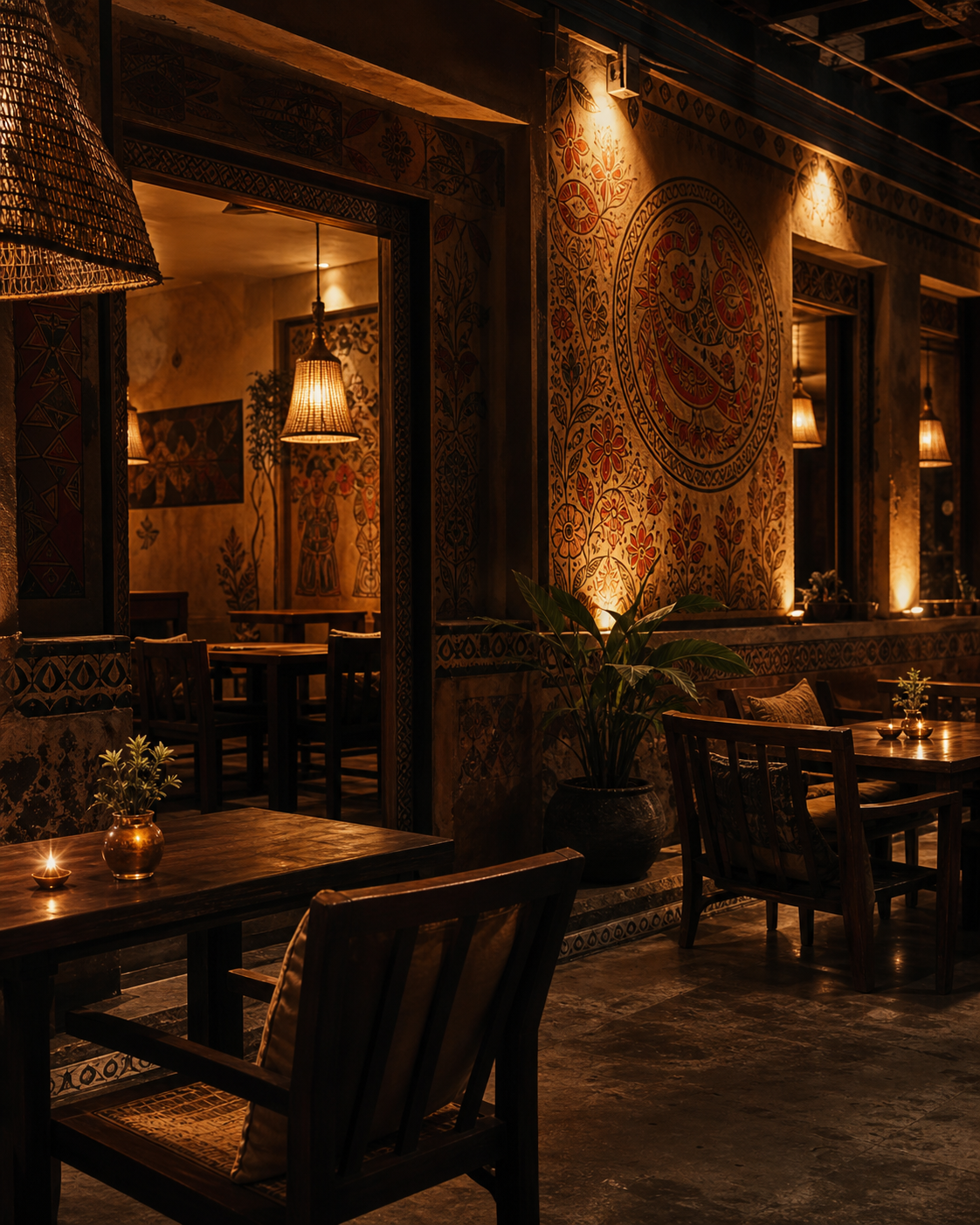 Warm premium cafe atmosphere with Mithila-inspired details