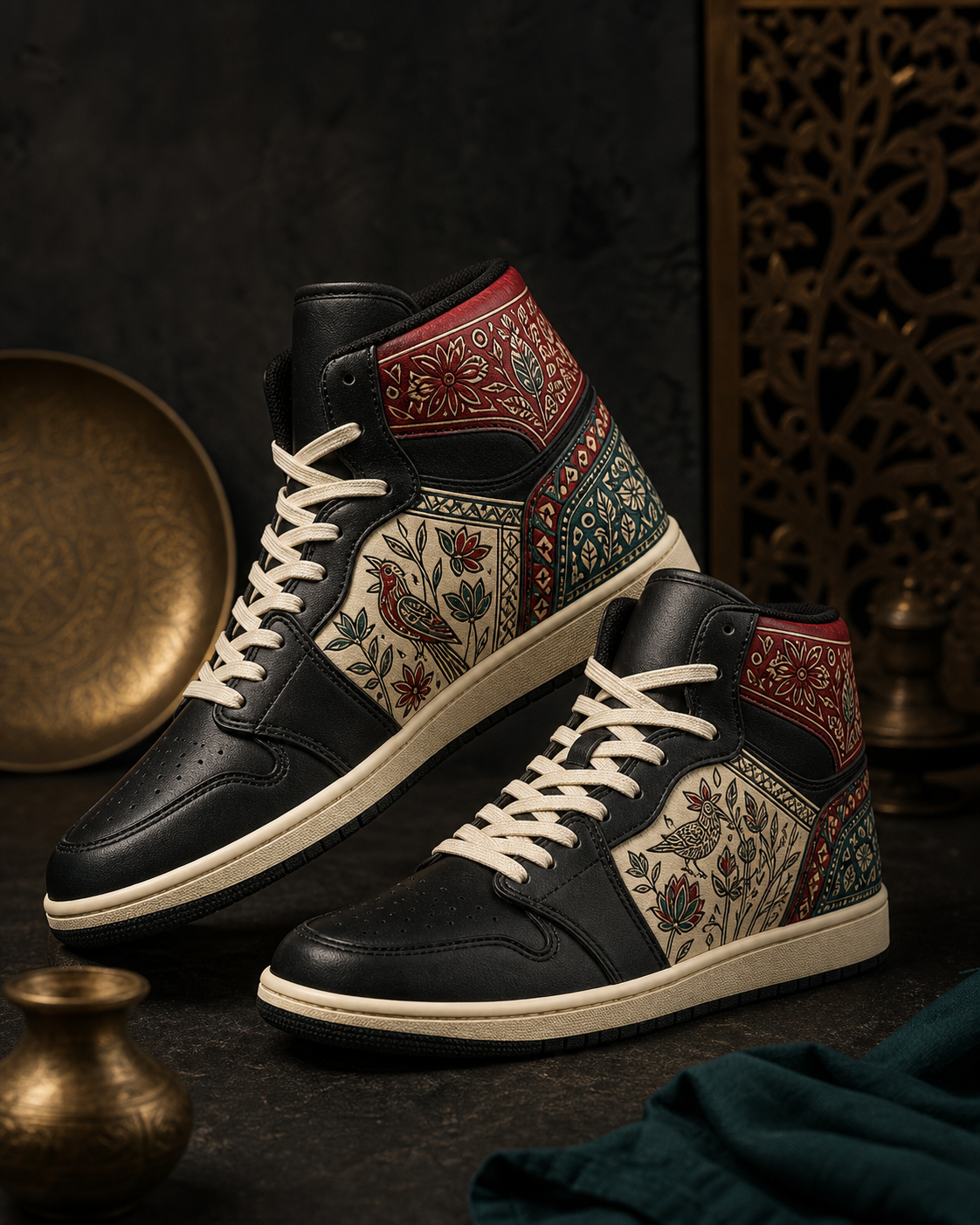 Custom black and ivory sneakers with Mithila-inspired patterns